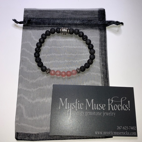 Black Lava & Rose Quartz “Love” Bracelet 7” - Picture 2 of 2